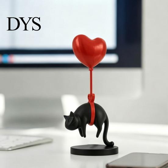 Solid Texture Cat Statue Floating Heart Balloon Figurine 3D Printed Cute Black Desk Accessory Romantic Desktop Ornament for Living Room Bedroom