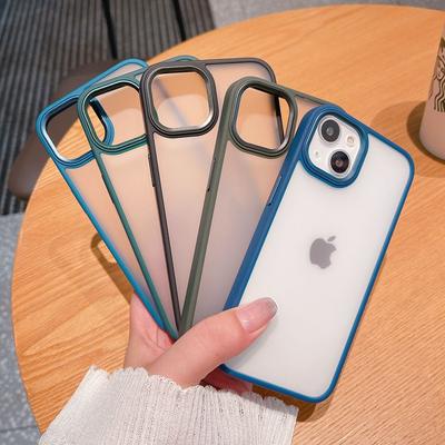Mode Mat Half Doorzichtig Acryl Schokbestendig Telefoonhoesje Voor Iphone 14 12 11 13 Pro Max Mini Xr X Xs 7 8 Plus Metalen Lens Zijtoetsen