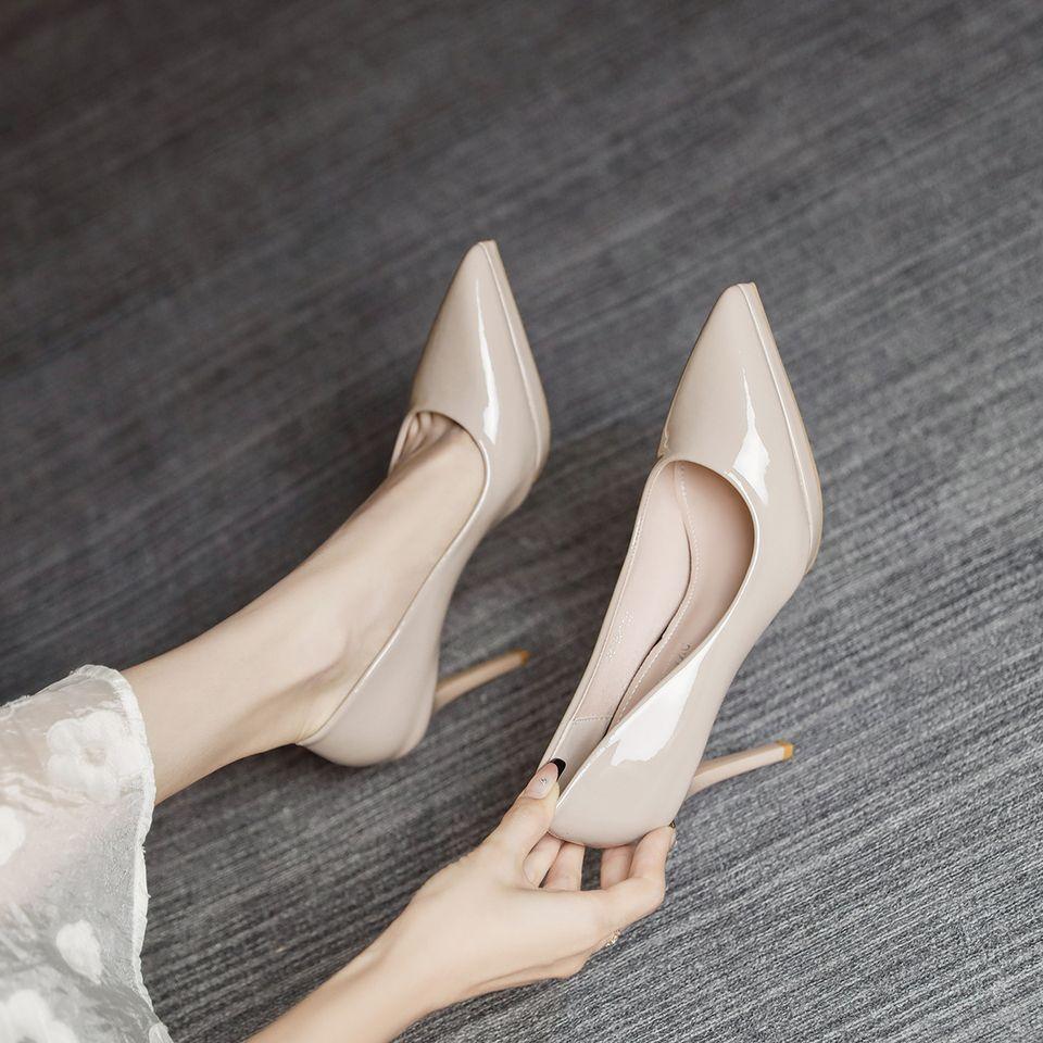 Not tired feet naked waterproof table high heels women's thin heels 2025 spring and autumn soft leather new pointed versatile temperament single shoes