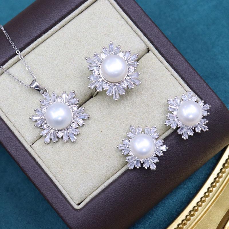 18K Gold-Plated Freshwater Pearl Jewelry Set: Necklace, Earrings & Ring with Micro-Pave Diamonds (9-10mm Pearls).