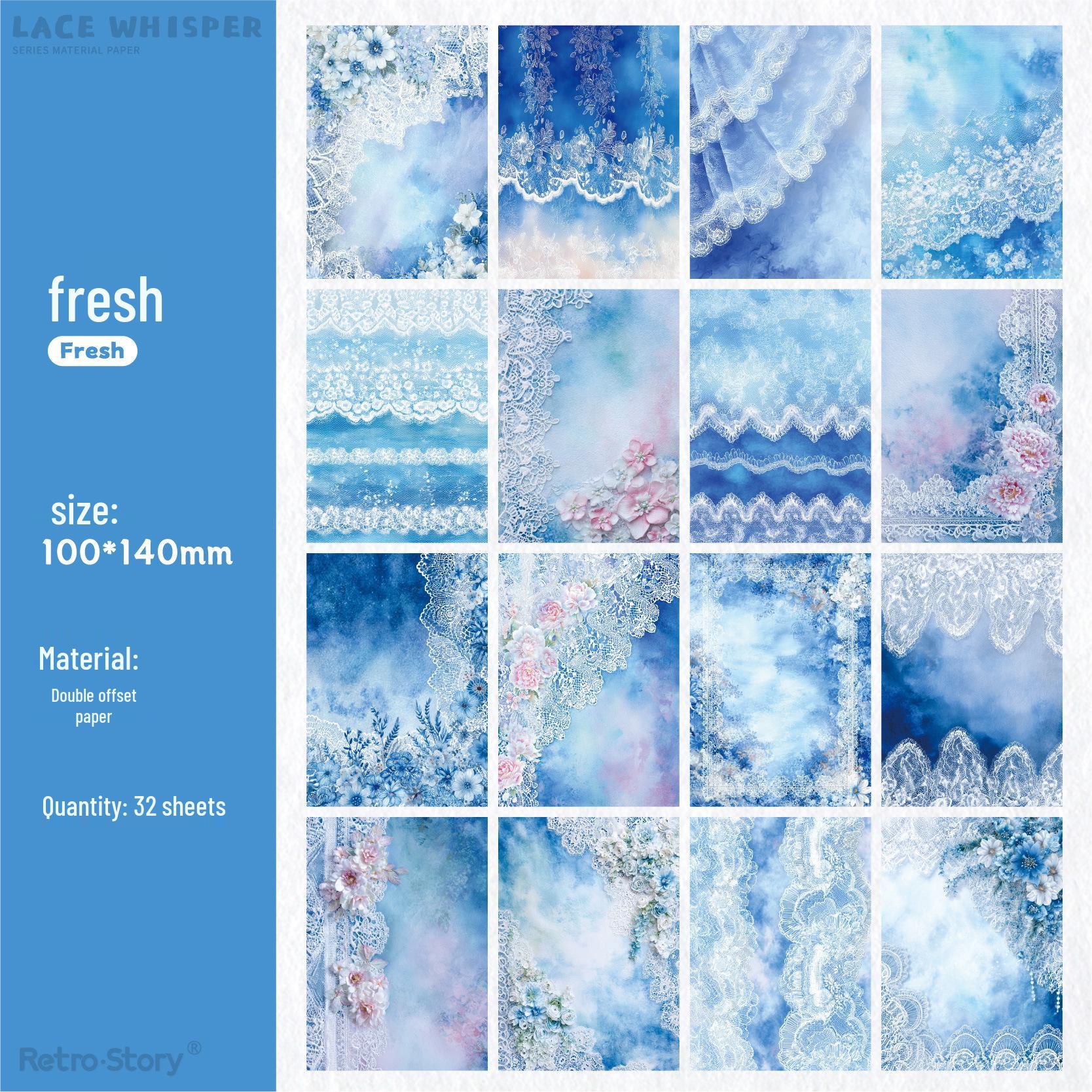 Retro Story Lace Adhesive Fluff Paper - 32 Sheets, 6 Styles for Artistic Bullet Journal Decoration