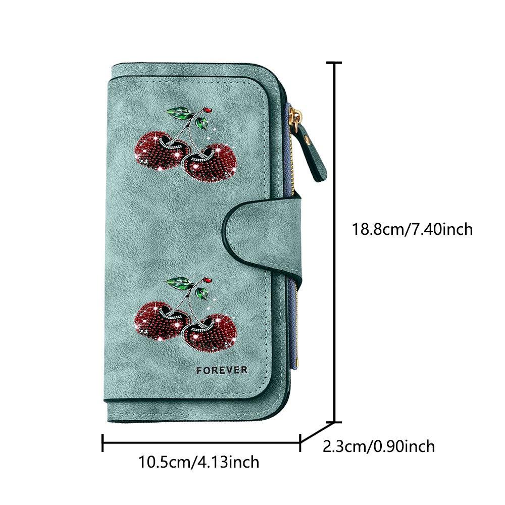 Fashionable long wallet with shiny crystal cherry decoration printed design eye catching multifunctional portable coin purse with clasp large