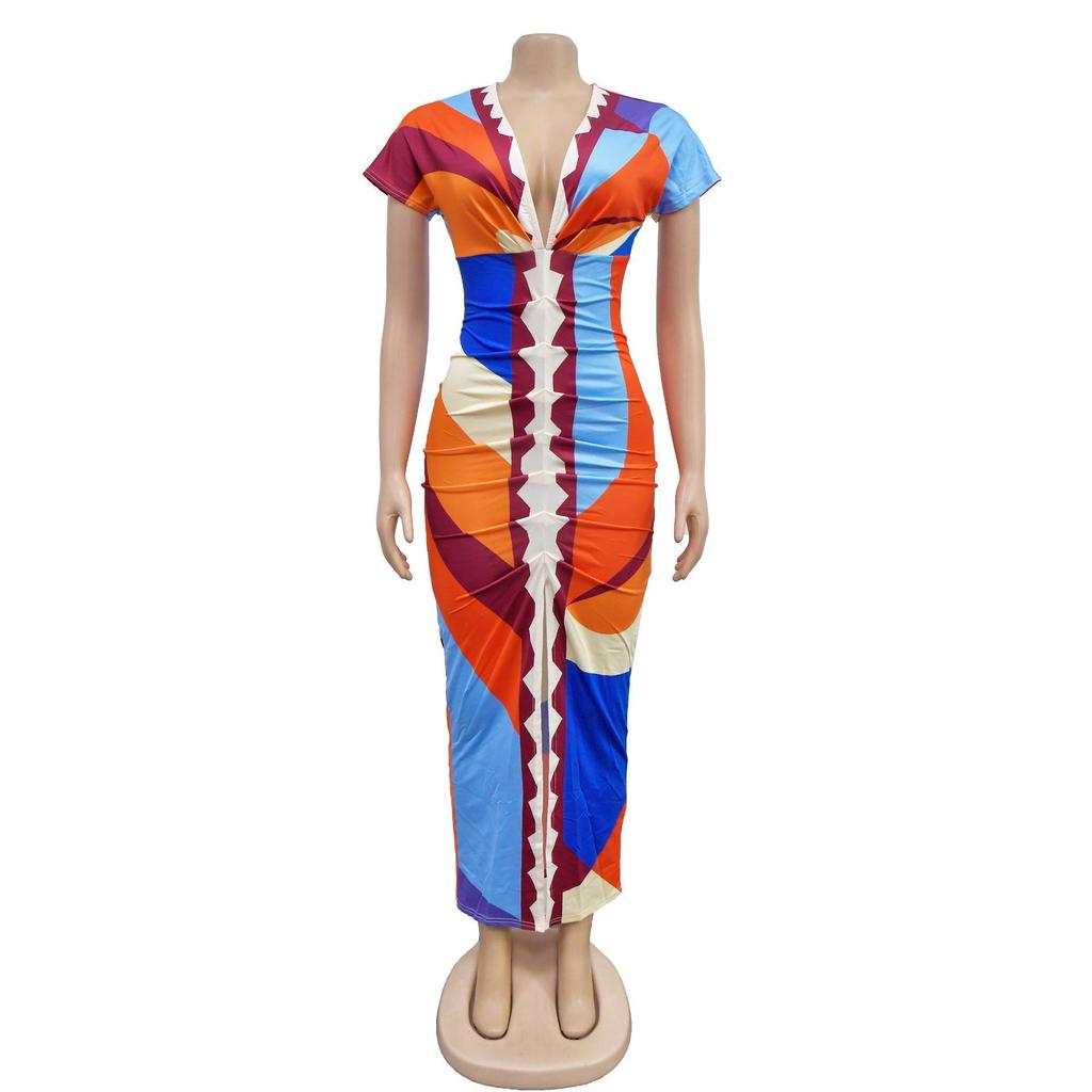 Women's European and American V-Neck Printed Slit Pleated Long Dress X6660