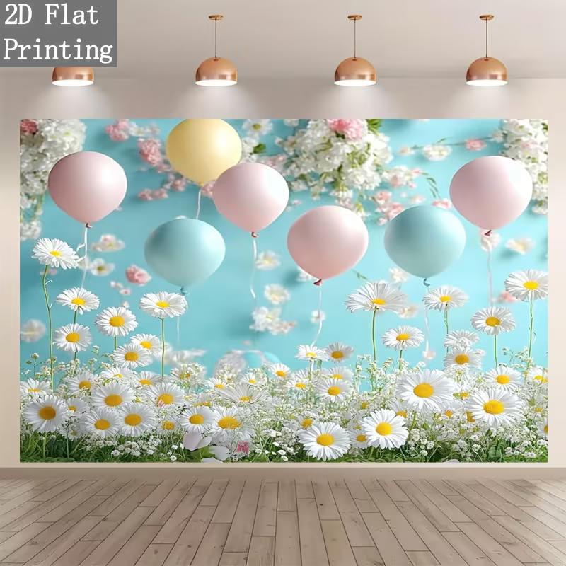 2D Pastel Balloon and Daisy Backdrop with Blue Background Cloth