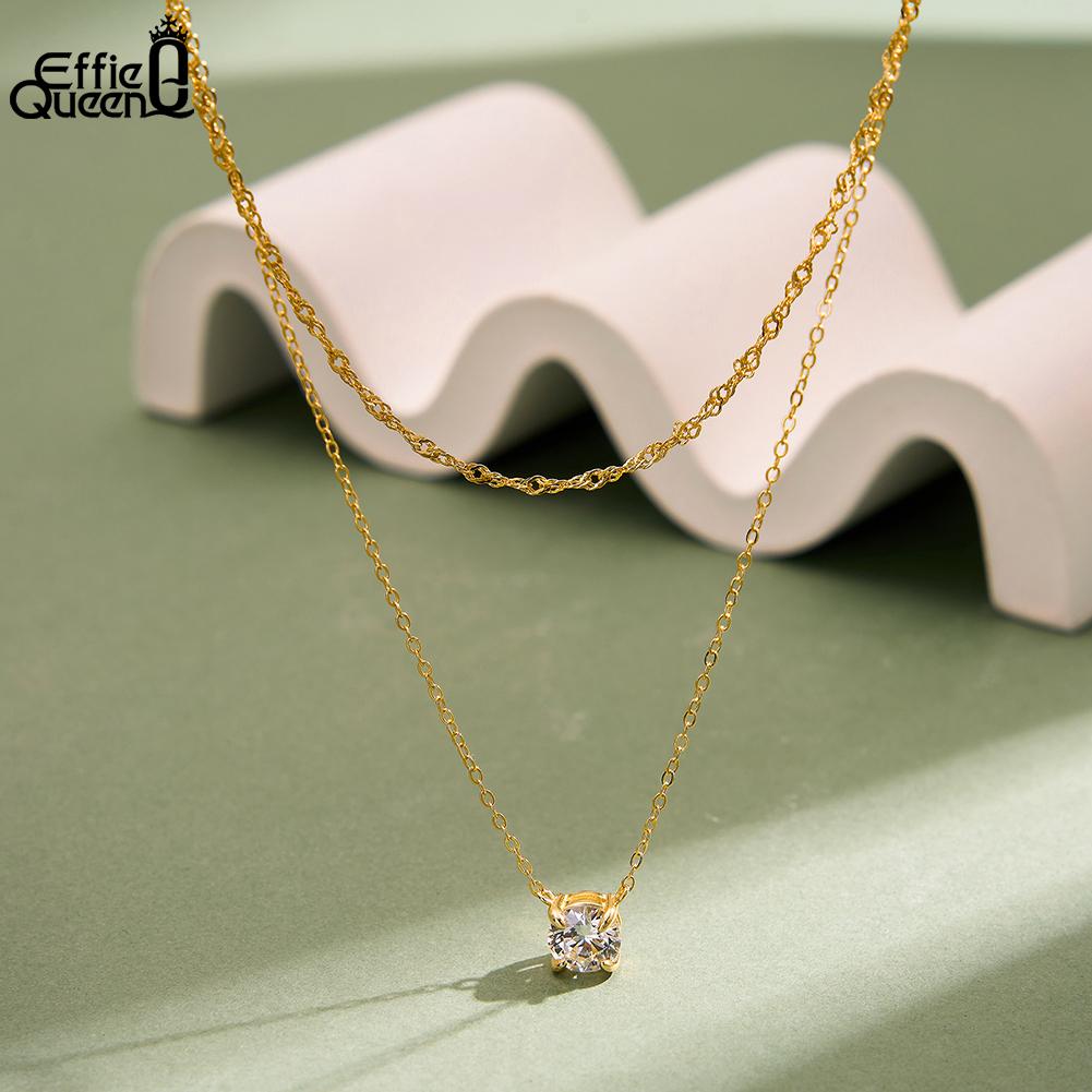 EFFIE QUEEN 925 Pure Silver Multilayer Chain Necklace 5A Crystal Zircon Charm Layered Pendant Neck Chain Fashion Jewelry BQN45