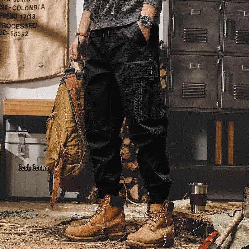 Men's Retro Heavyweight Cuffed Workwear Pants - Loose Straight Leg Trend for Autumn and Winter