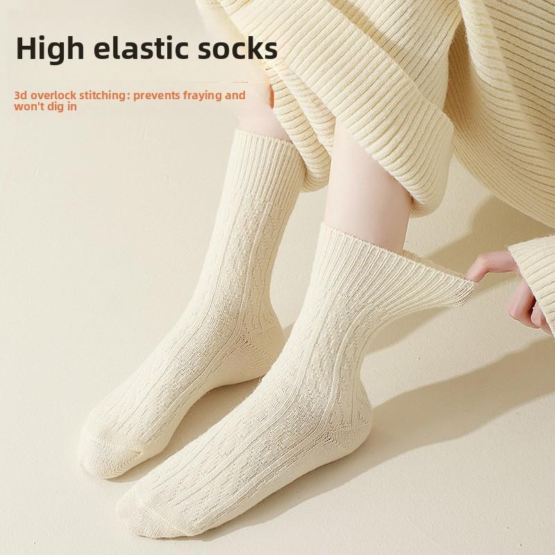 Twisted Wool Socks for Women In Winter, Pure Color, with Added Insulation, Mid-calf Length, Sleep Socks, Autumn Sheepskin Home-cozy Floor Socks