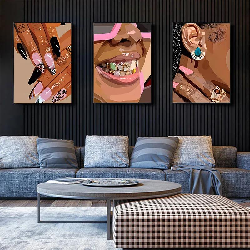 Pink Nail Art Gold Teeth and Necklace Poster Black African Woman Personalized Trendy Canvas Painting Bedroom Frameless Wall Art