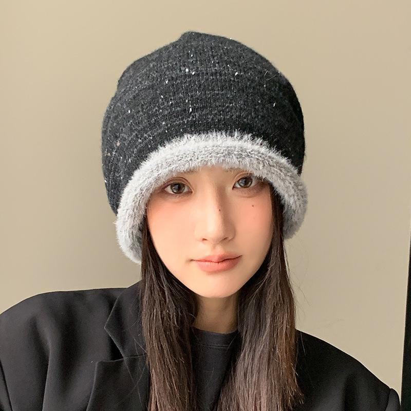 Autumn and winter ear protection warm bag head hat women's big head circumference showing face small pile hat color matching versatile knitted hat