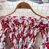 Floral Print Strapless Dress Women French Slash Neck Flare Sleeve Elastic Waist Lady Vacation Fashion Slm A Line Dress