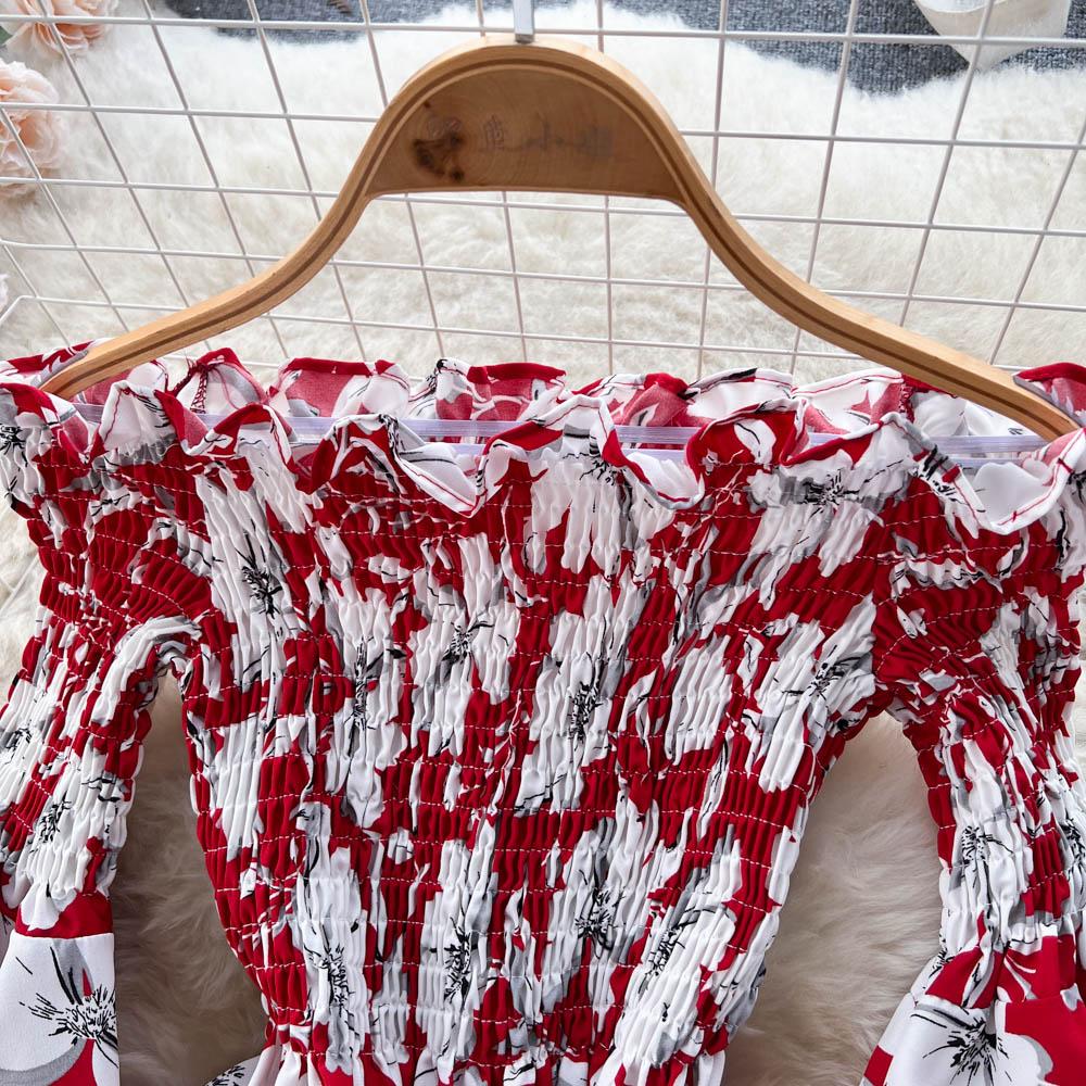 Floral Print Strapless Dress Women French Slash Neck Flare Sleeve Elastic Waist Lady Vacation Fashion Slm A Line Dress