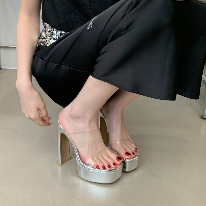 Fashion New Style Designer Transparent Platform Slippers Women Square Toe High Heels Slides Shoes Summer Female Shoes Zapatos De Mujer