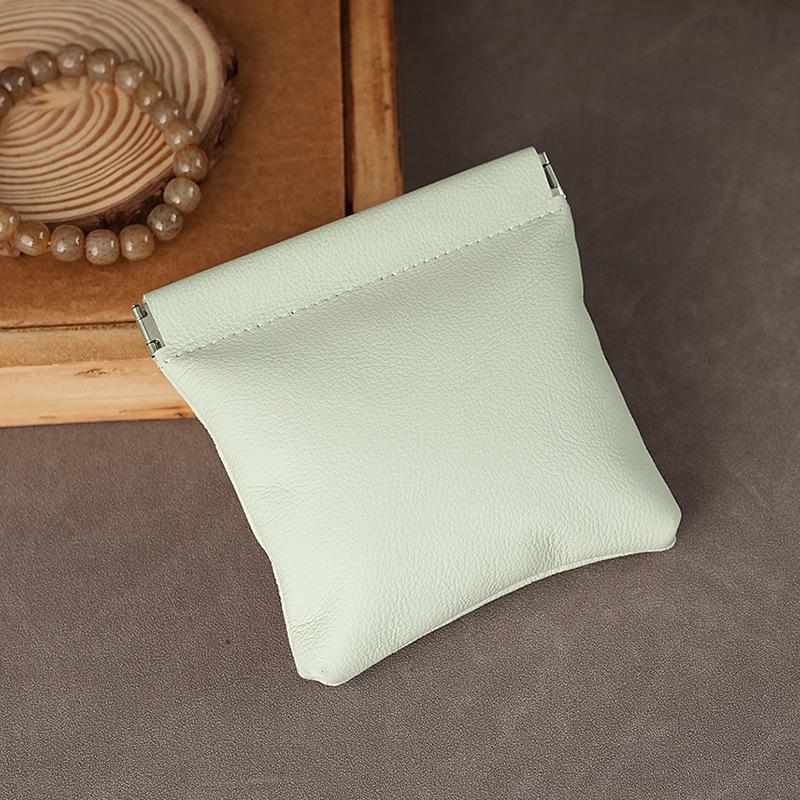 Genuine Leather Coin Purse with Alloy Spring Clip and Kiss Lock for Keys, Earphones, or Jewelry Storage