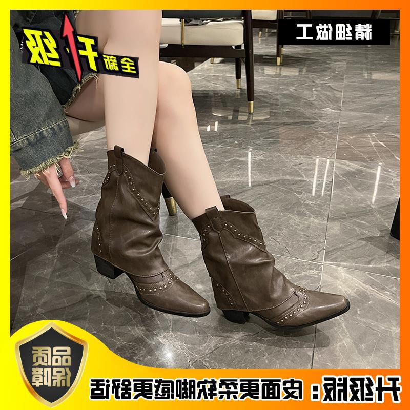 Autumn cowboy boots western knight boots retro new pointed boots thick heel short boots women's pants tube rivet fashion