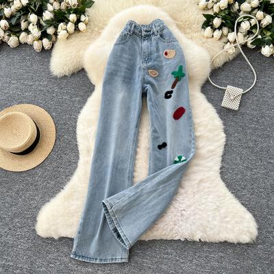 Damskie Modne Haftowane Proste Dżinsy Denim z Wysokim Stanem Casualowe Długie Spodnie z Kieszenią