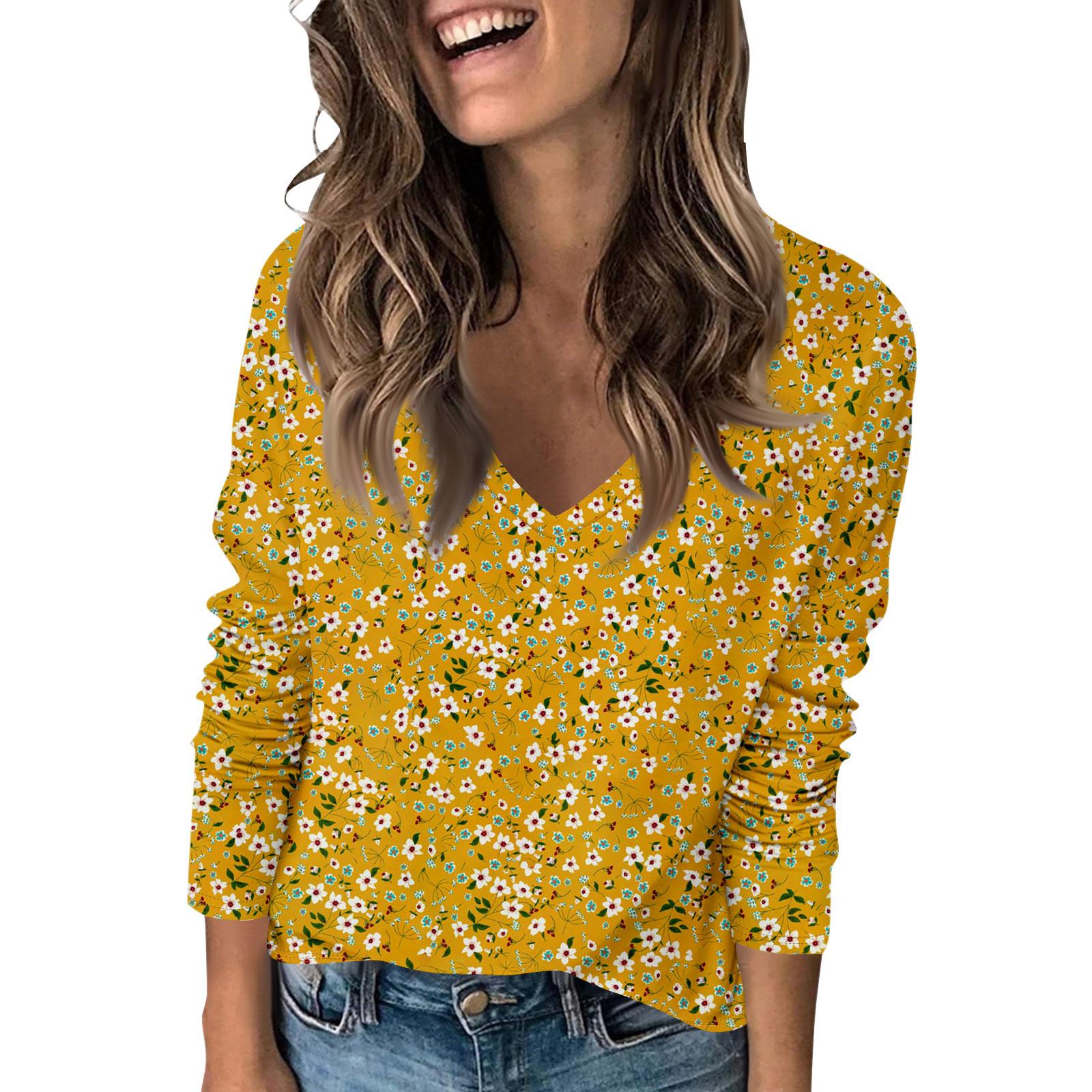 

Ladies Fashionable Casual Long Sleeved Retro Floral Print V-Neck Top Women S T-Shirts Women Clothes Playeras De Mujeres 8XL