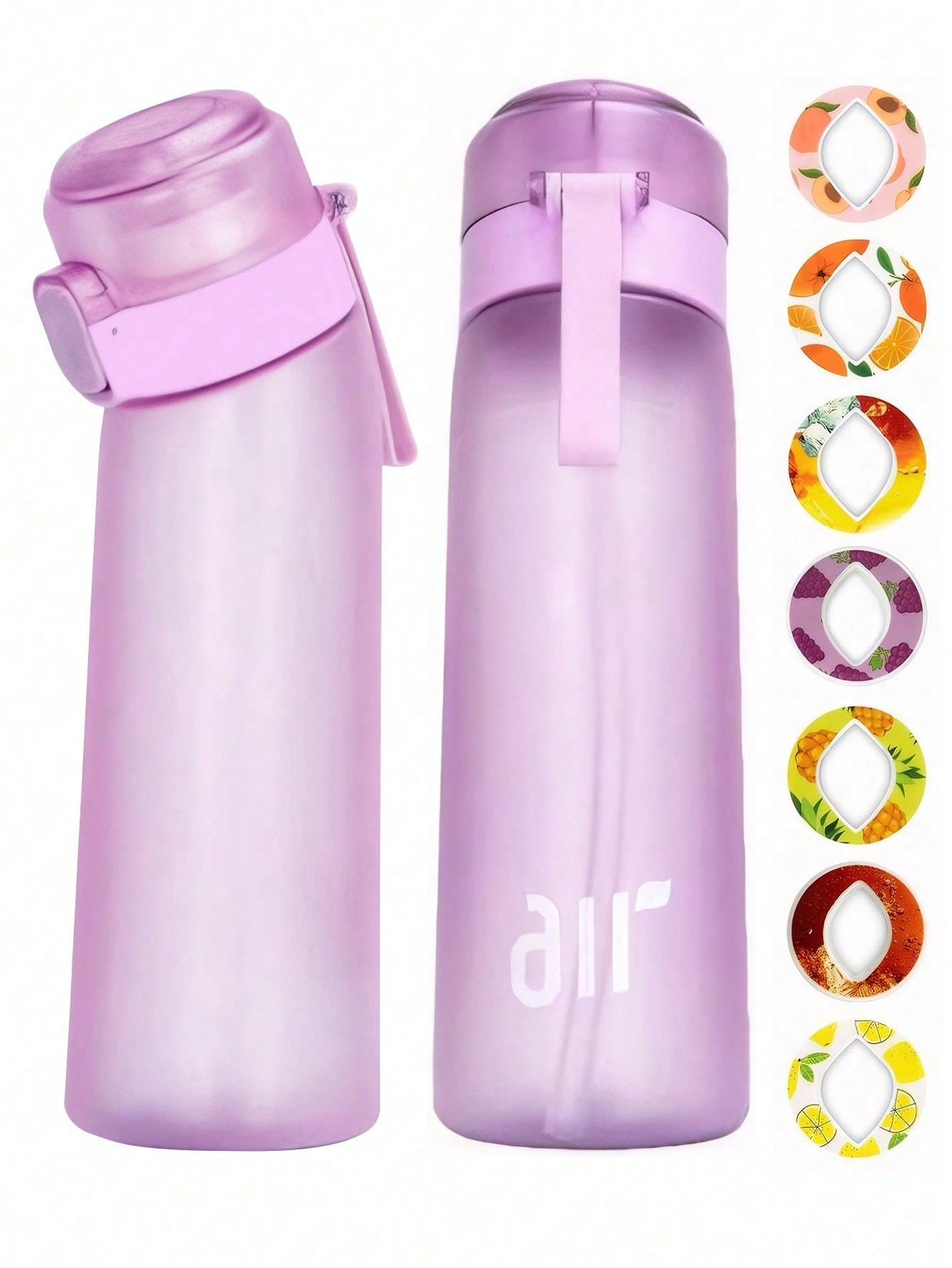 1 stuks nieuwe 800 ml/27 oz draagbare sport-traw waterfles, uitgerust met 1 stuks willekeurige fruitdrank smaakcapsules zonder suiker en zonder calorieën 0.8L lichtpaarse kleur
