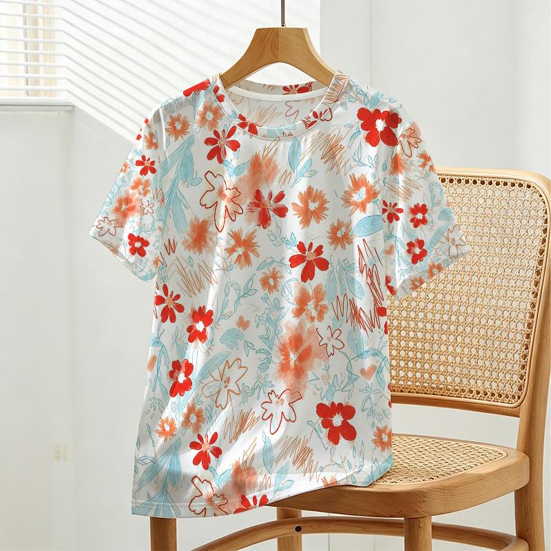 Women's Minimal Floral Short Sleeve T-Shirt - Soft Round Neck Basic Top, Casual & Versatile, Ideal for Girlfriends Gatherings & Daily Wear