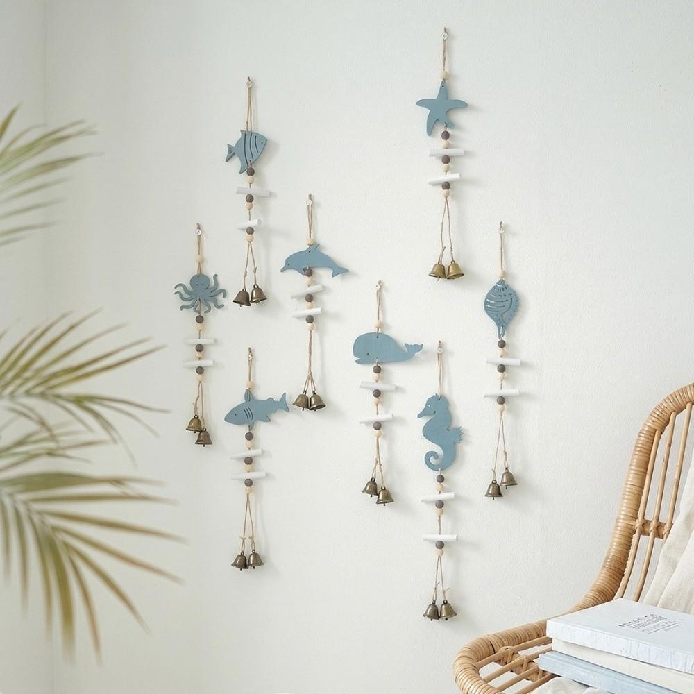Mediterranean Style Wooden Ocean Pendants Marine Animals Ocean Themed Dolphin Wind Chimes with Bell Starfish Wall Hanging