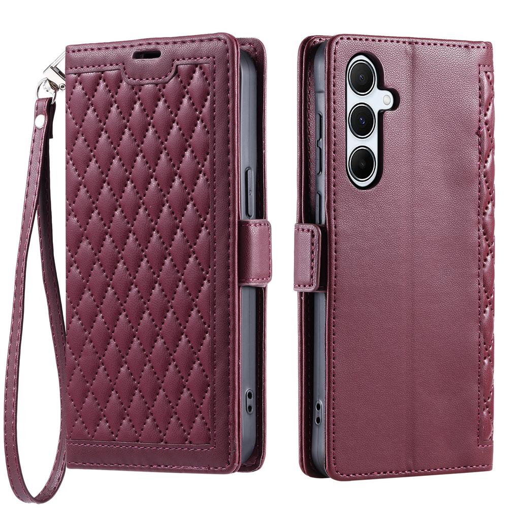 For Samsung Galaxy S26+ Leather Case Rhombus Texture Wallet Stand Phone Cover with Wrist Strap