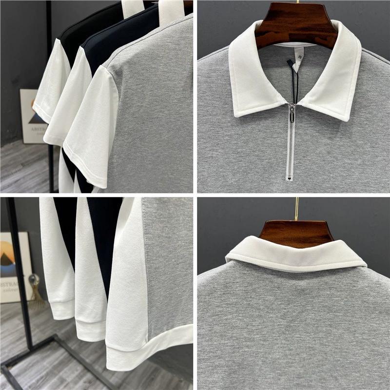 Light Mature Style Summer Men's Fashion Half Zipper Polo Shirt Short Sleeved Slightly Wide Casual Color Blocked Half Sleeved T-shirt Trendy