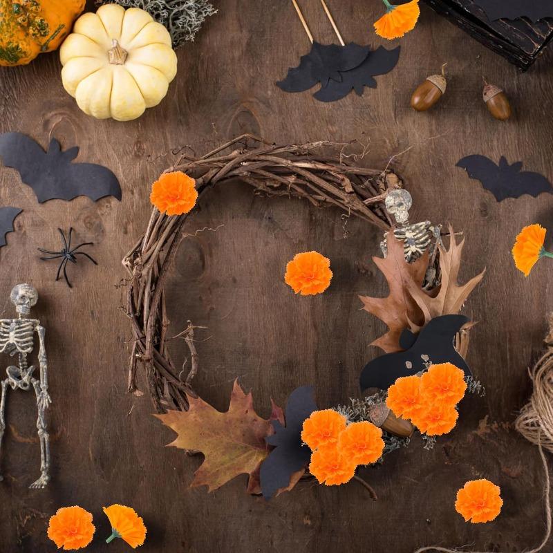 30Pcs Artificial Marigold Flowers, Orange Silk Flower Heads with Iron Stems for Diwali Marigold Decoration Halloween Party Day of The Dead Garland