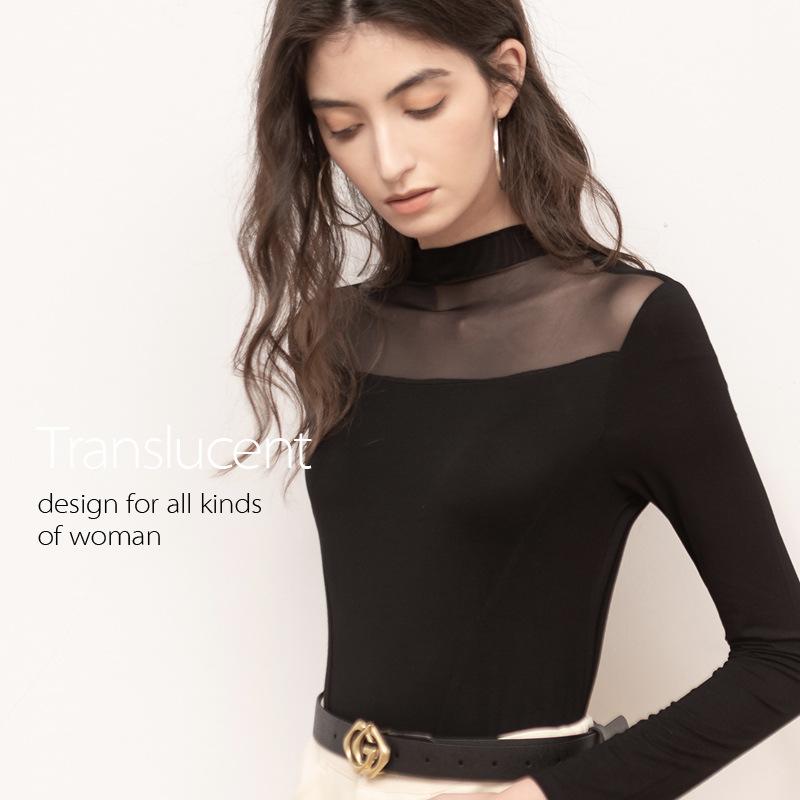 CANVAUS Poloviční rolák mimo ramena Průsvitná síťovina Černá Dlouhý rukáv Spodní Top Dámské