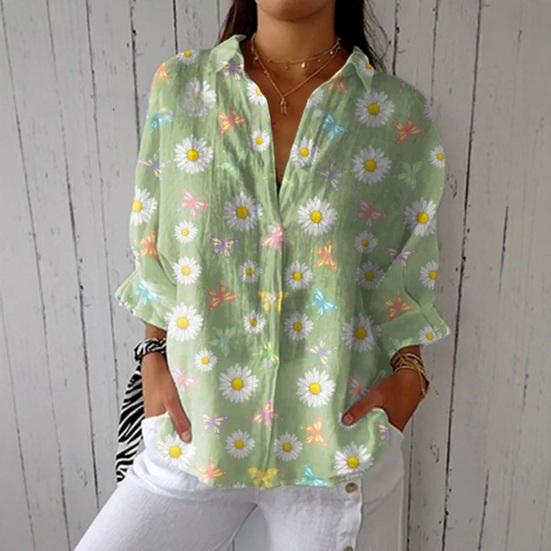 Women Shirt Lapel Long Sleeve Buttons Placket Shirt Tops Loose Fit Mid-length Summer Floral Shirt Lightweight Casual Tops