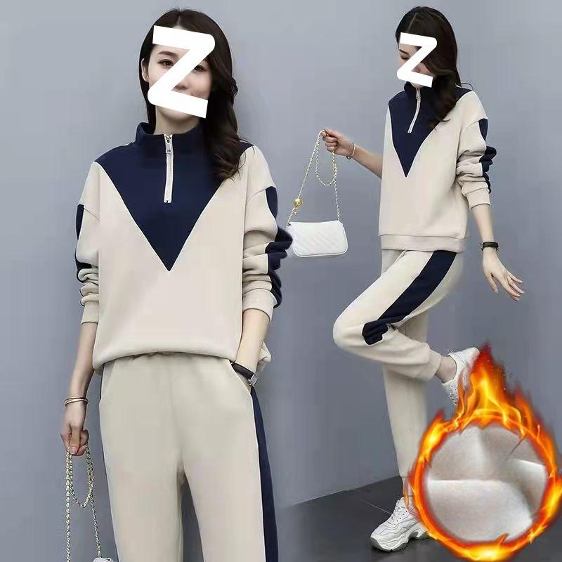 Thickened Velvet Sports Suit for Women, Autumn and Winter Korean Style Long-sleeved Sweatshirt Casual Wear Two-piece Set