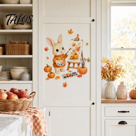 Decorative Cabinet Door Stickers Thanksgiving Fall Wall Stickers, Cute Cartoon Rabbit Squirrel Pumpkin Maple Leaf Decals Environmentally Friendly Art