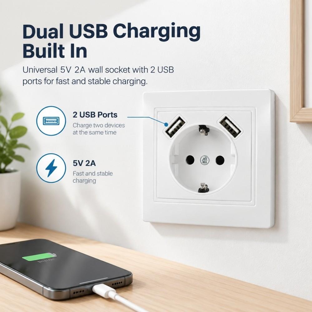 EU Standard Schuko Socket with USB with 2 USB Power Wall Outlet Wall Socket Hotel Installation