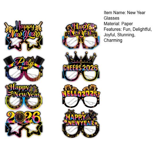 8 Pcs Happy New Year 2026 Paper Glasses New Year Party Eyewear Supplies for New Year's Eve Party Favors Photo Booth Props
