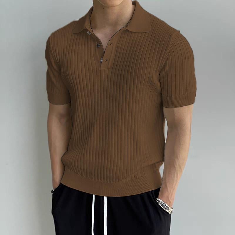 Summer Vintage Polo-neck Knitting Pullover Top Male Short Sleeve Solid Color Tee Men Casual Fashion T-shirt