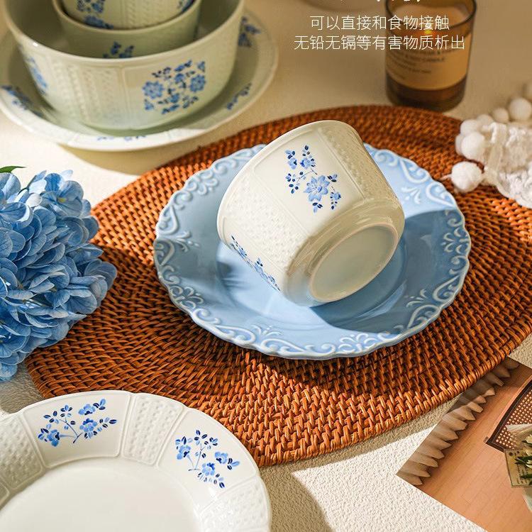 French Blue Flower Retro Tableware Set, High-Value Ceramic Bowls, Plates, Bowls, Housewarming, New Year'S Dish Set, Household