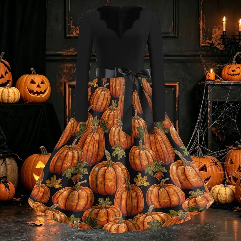 Women Casual Long Sleeve V Neck Vintage Dress Halloween Print Retro Style A Line Midi Dress with Waist Tie Belt