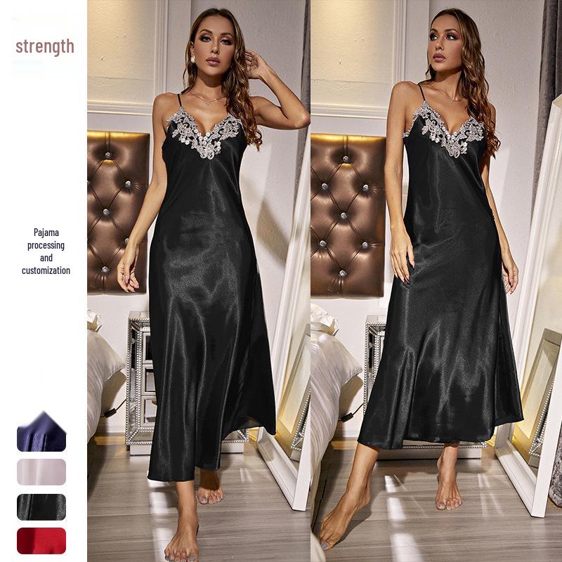 Noční košilka s krajkou a výstřihem do V, se vzhledem hedvábí - Jarní/letní móda pro ženy