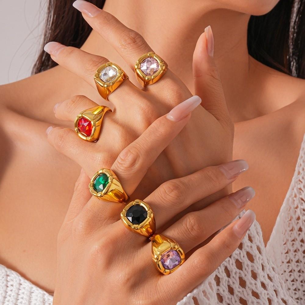 Zircon Square Zircon Rings Stainless Steel Exaggerated Ring Flash Shiny Square Crystal Ring  Couple