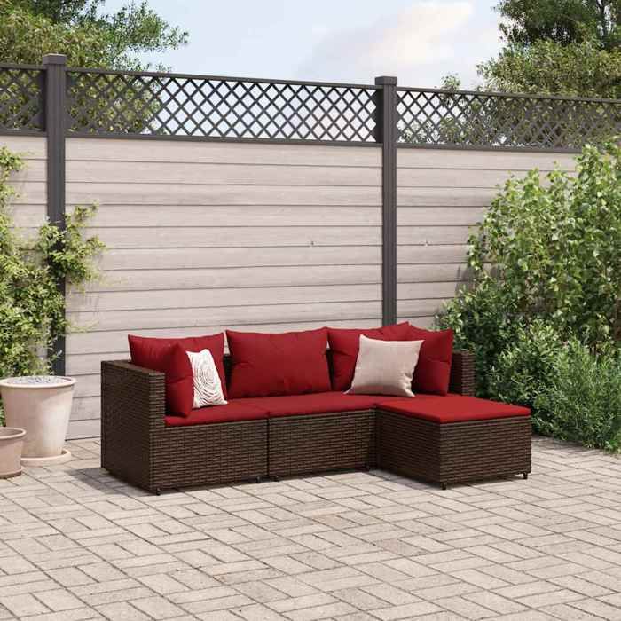 VidaXL Salon de jardin 4 pcs avec coussins Marron Résine tressée, ensemble de canapés d'extérieur, canapé d'angle de jardin, 3308053