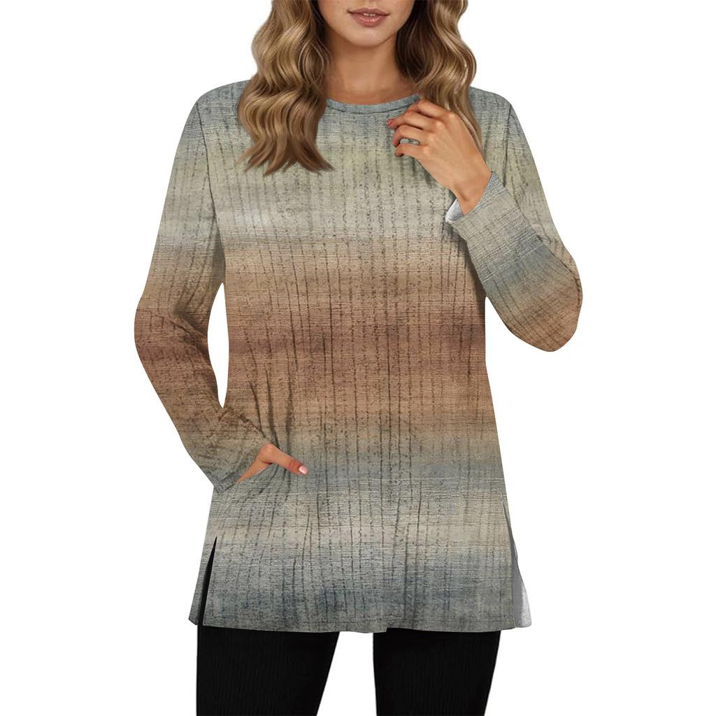 Womens Sweaters Crewneck Long Sleeve Shirts With Pockets Fall Outfits  Fashion Winter Clothing Side Slit