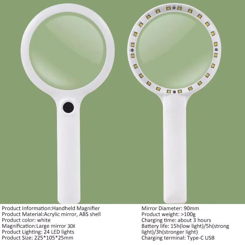 Handheld Magnifier 10/15/30x Usb Rechargeable Illuminated Magnifying Glass With 3 Light Modes For Reading Repair
