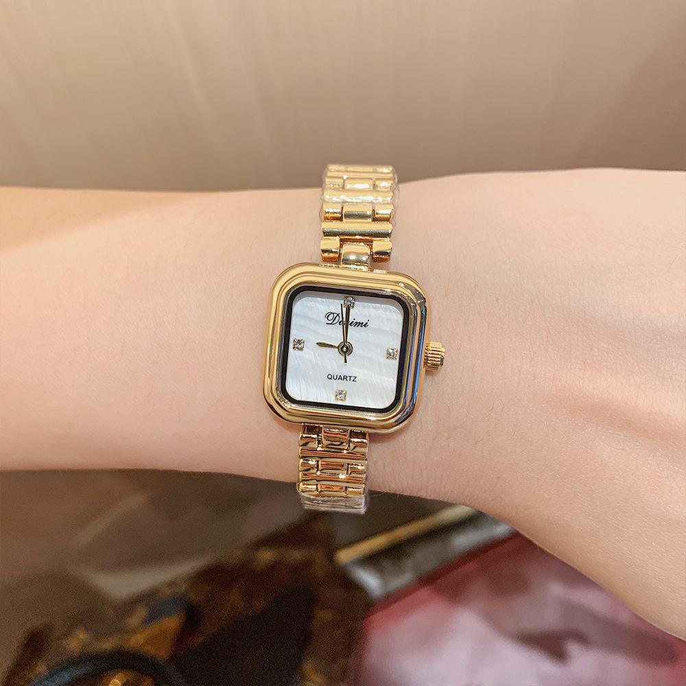 Ceas de damă cu temperament din sidef, ceas retro la modă, mic pătrat, ceas cu cuarț simplu din oțel