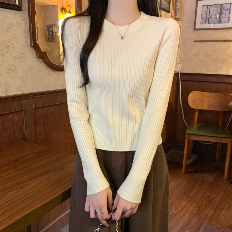 Simple wind pullover crew neck knitted bottoming shirt women's spring short pit strip inner sweater temperament bottoming shirt