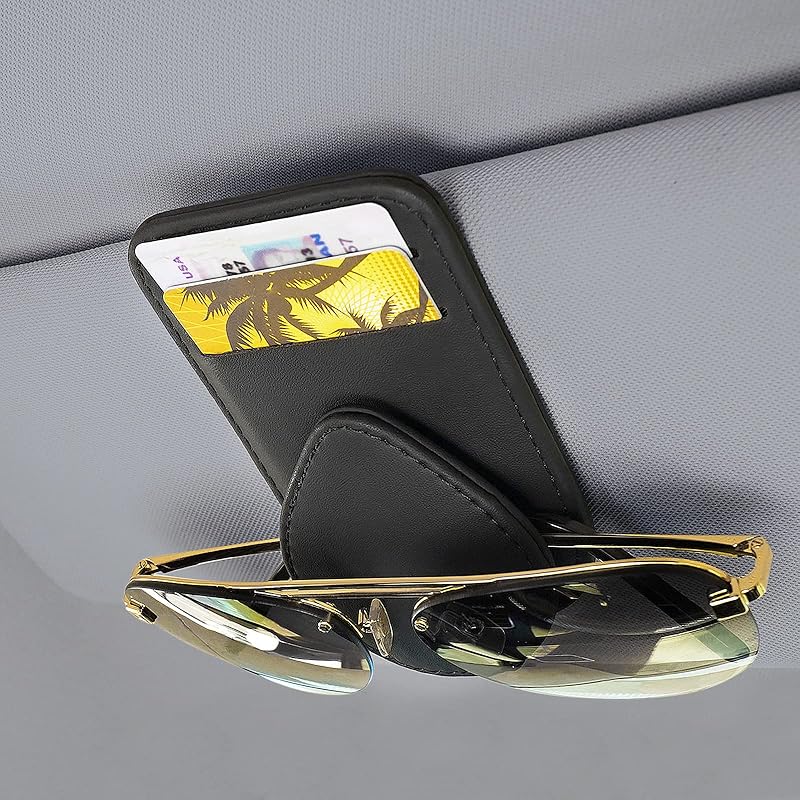 Sunglass and Card Holder for Car Visor, 2 Card Slots Visor Glasses Clip, Strong Magnetic Visor Holder, Visor Accessories for Cars SUV (Black 1Pc)