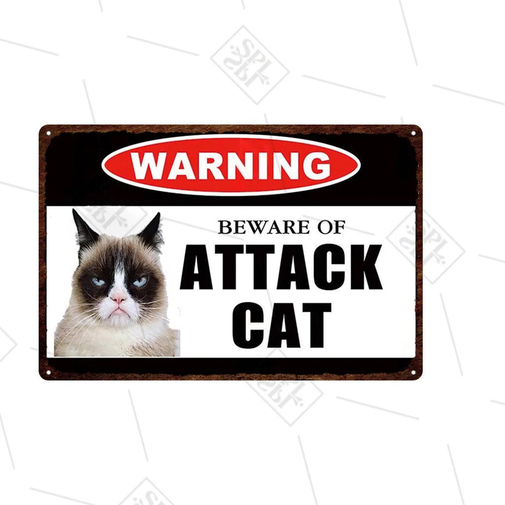 Pet Shop Warning Sign Beware of The Attack Cat Metal Sign Animals Tin Plate Pet Shop Wall Sticker Decoration Vintage Home Decor