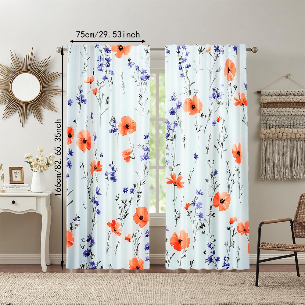 Set aus 2 eleganten Frühlingsgarten-Vorhängen Romantisches Wildblumen-Druckmuster Rote Blaue Lila Blumen Landhausstil Für Alle Jahreszeiten Hergestellt aus Polyester