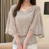 Flower Half Sleeve Shirt Women Elegant Fashion Butterfly Chiffon Blouse Summer Cotton Edge Lace O Neck Loose Shirt