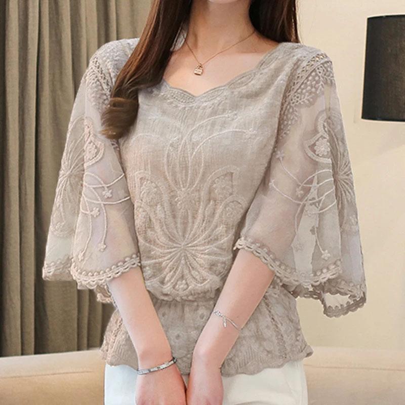 Flower Half Sleeve Shirt Women Elegant Fashion Butterfly Chiffon Blouse Summer Cotton Edge Lace O Neck Loose Shirt