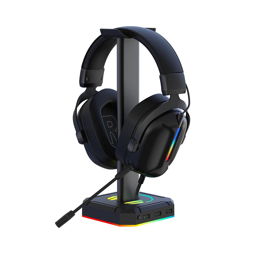RGB Headset Holder with 3 USB2.0 Ports Headphone Display Holder Saving Space Desk Gaming Headset Holder for All Headphones