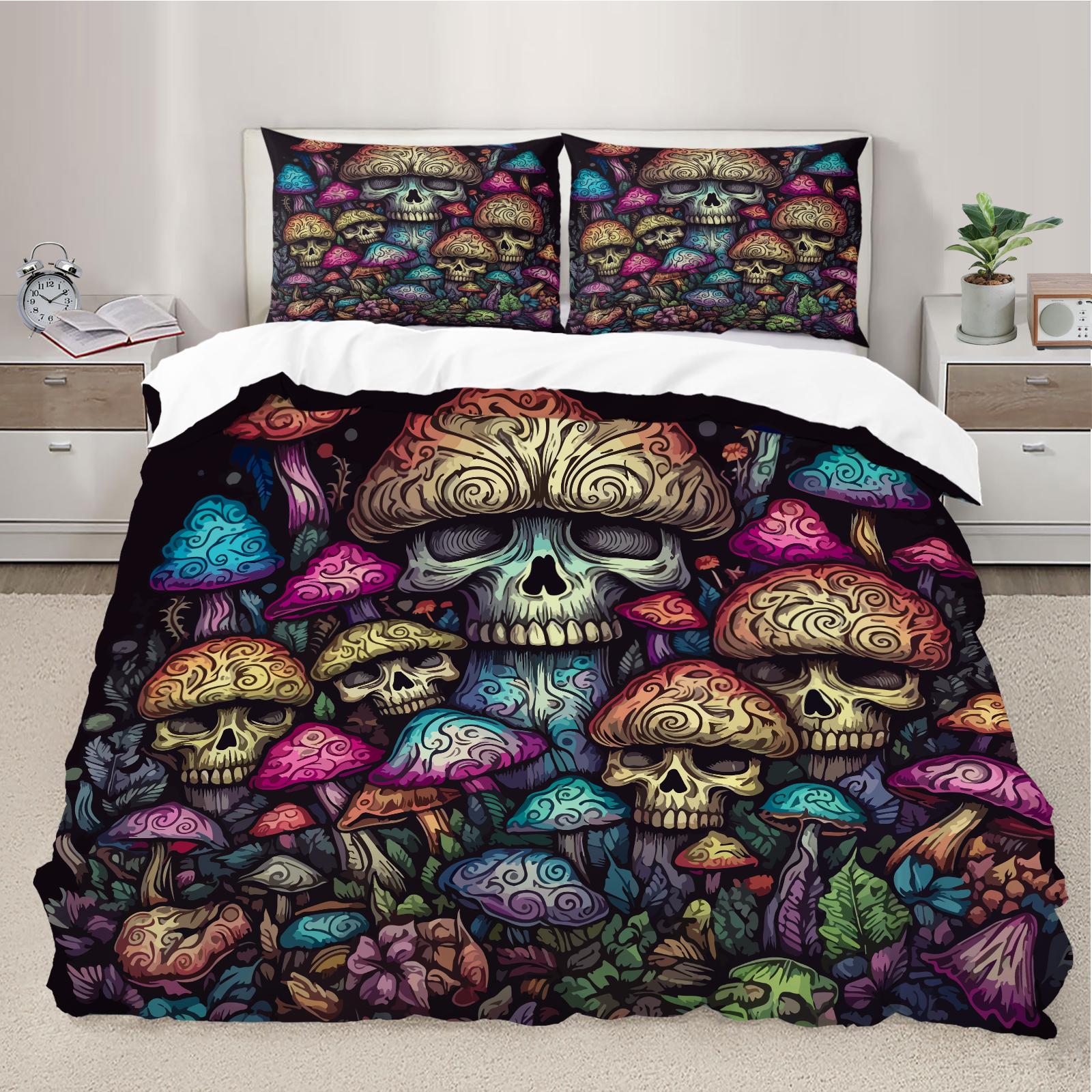 

3D Mushroom Skull Printed Duvet Cover Modern Personalized Bedding Set Skin-Friendly And Comfortable Home Decoration 3-Piece Set EU Single(135x200cm)