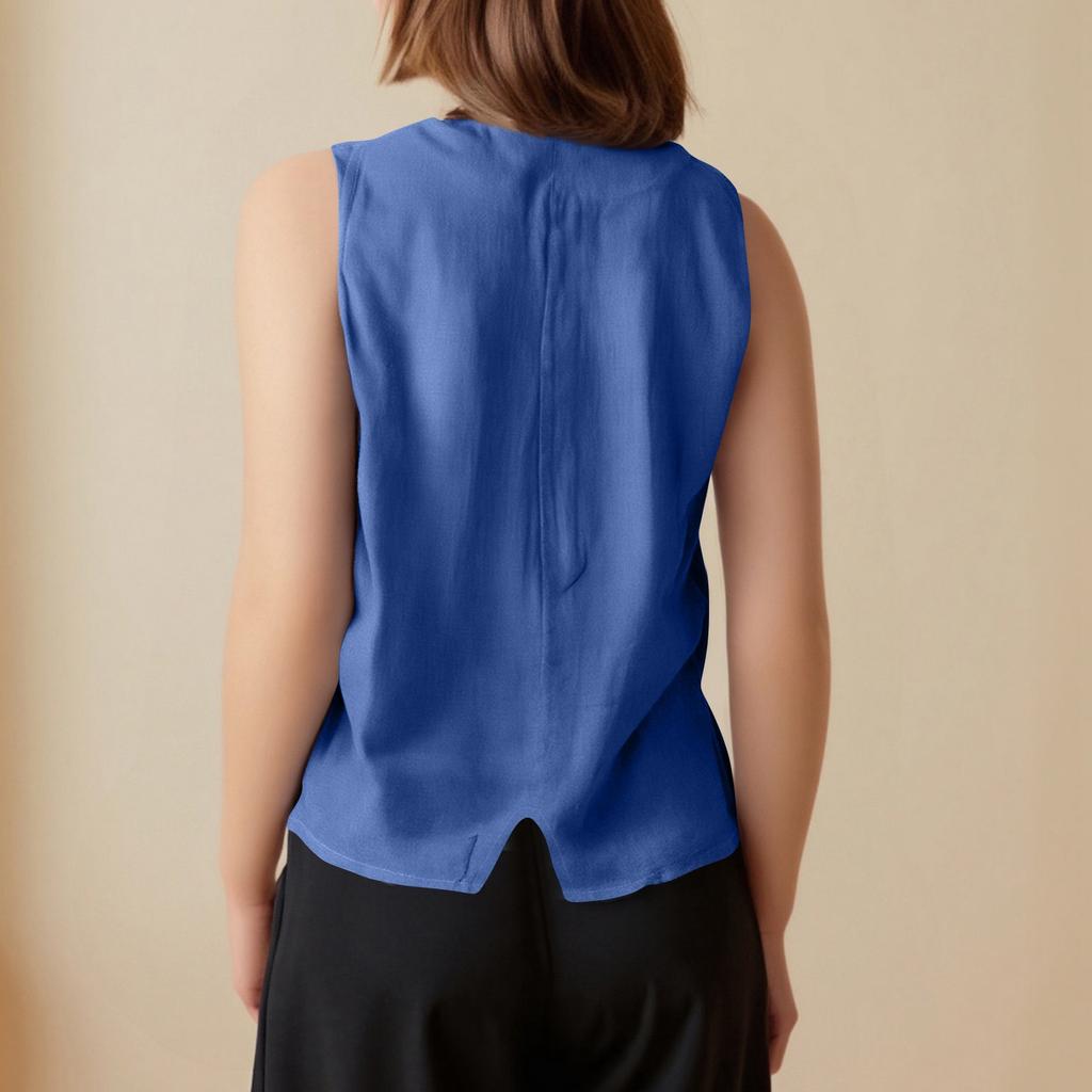 Dámská ležérní jednobarevná bavlněná a lněná vesta na knoflíky bez rukávů